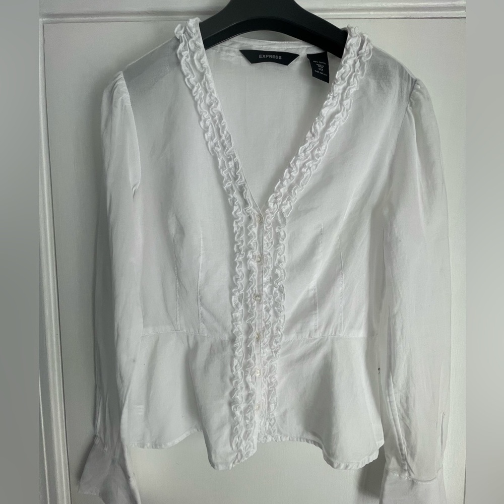 Express White Ruffled Sheer Blouse 1/2